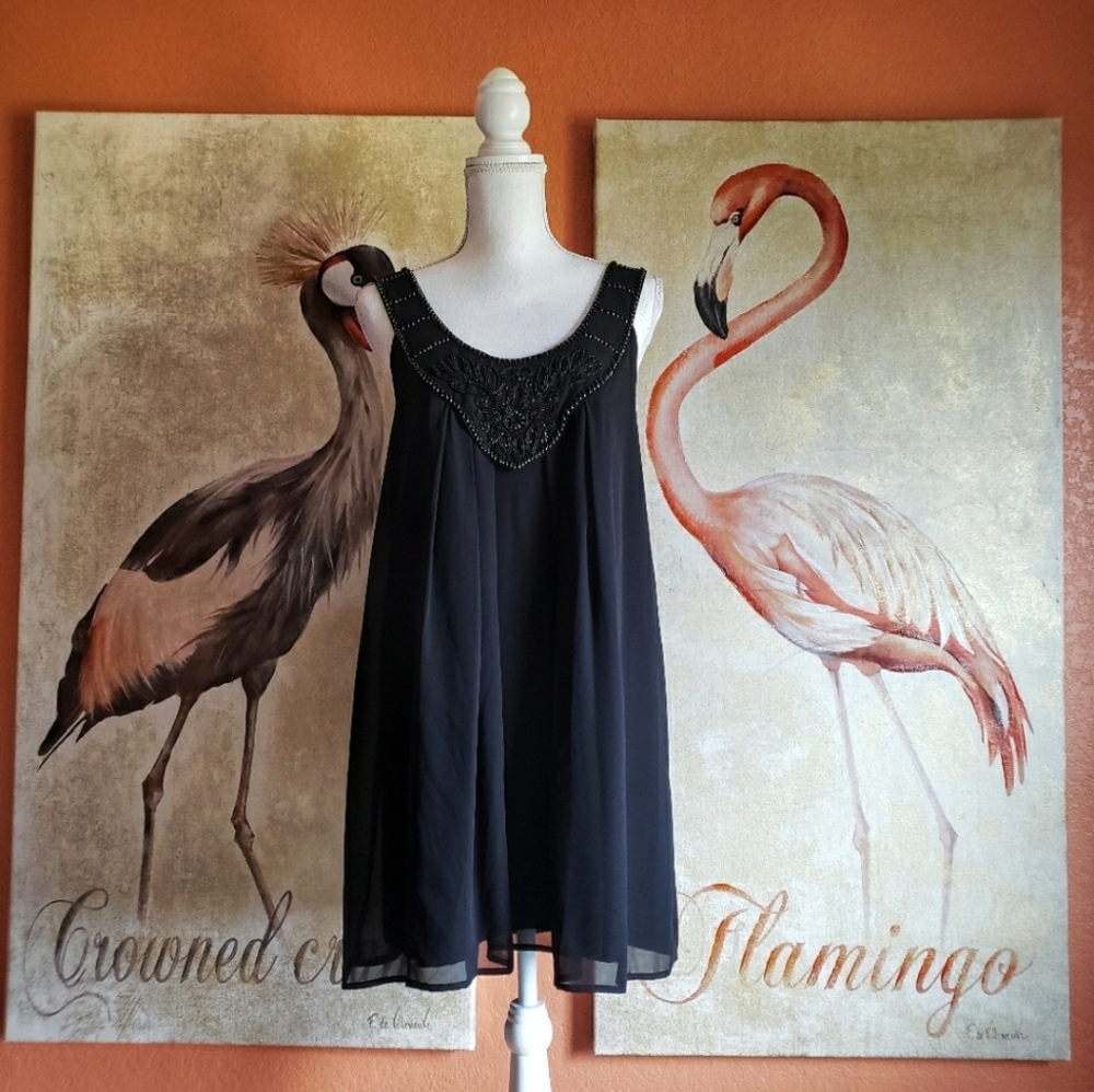 5/48 Sleeveless Tent Mini Dress Beaded Black Medium Sleeveless LBD